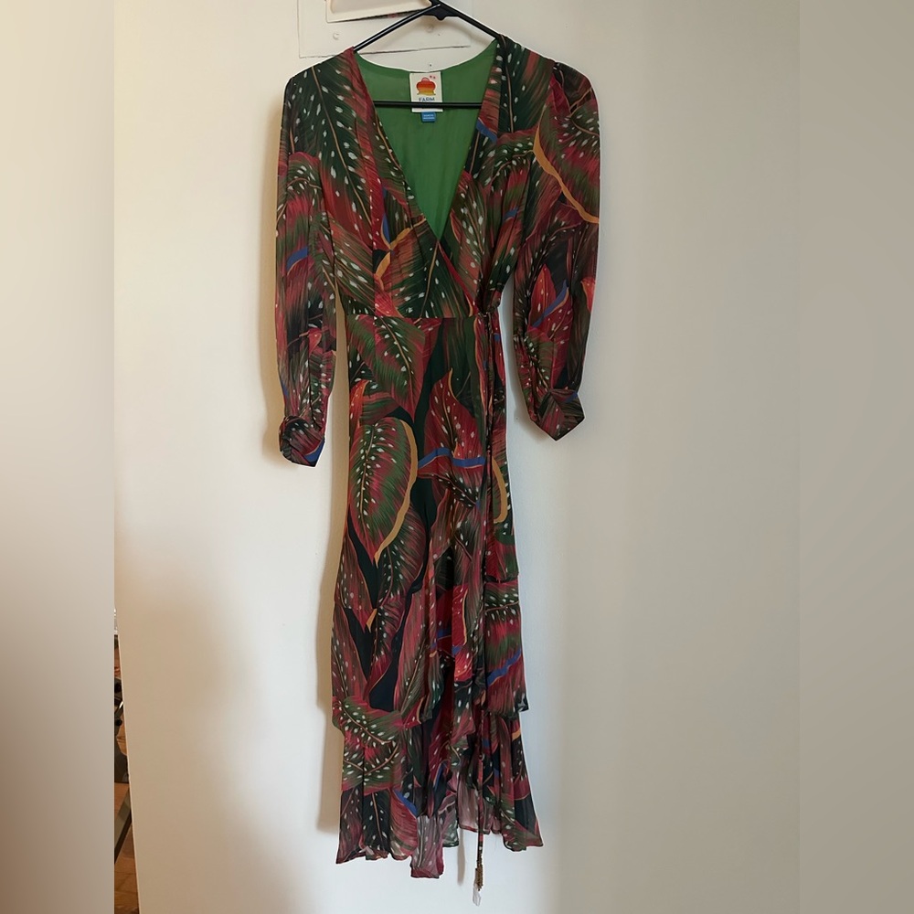 Farm Rio for Anthropologie Green and Red Dress XXS petite Wrap Dress